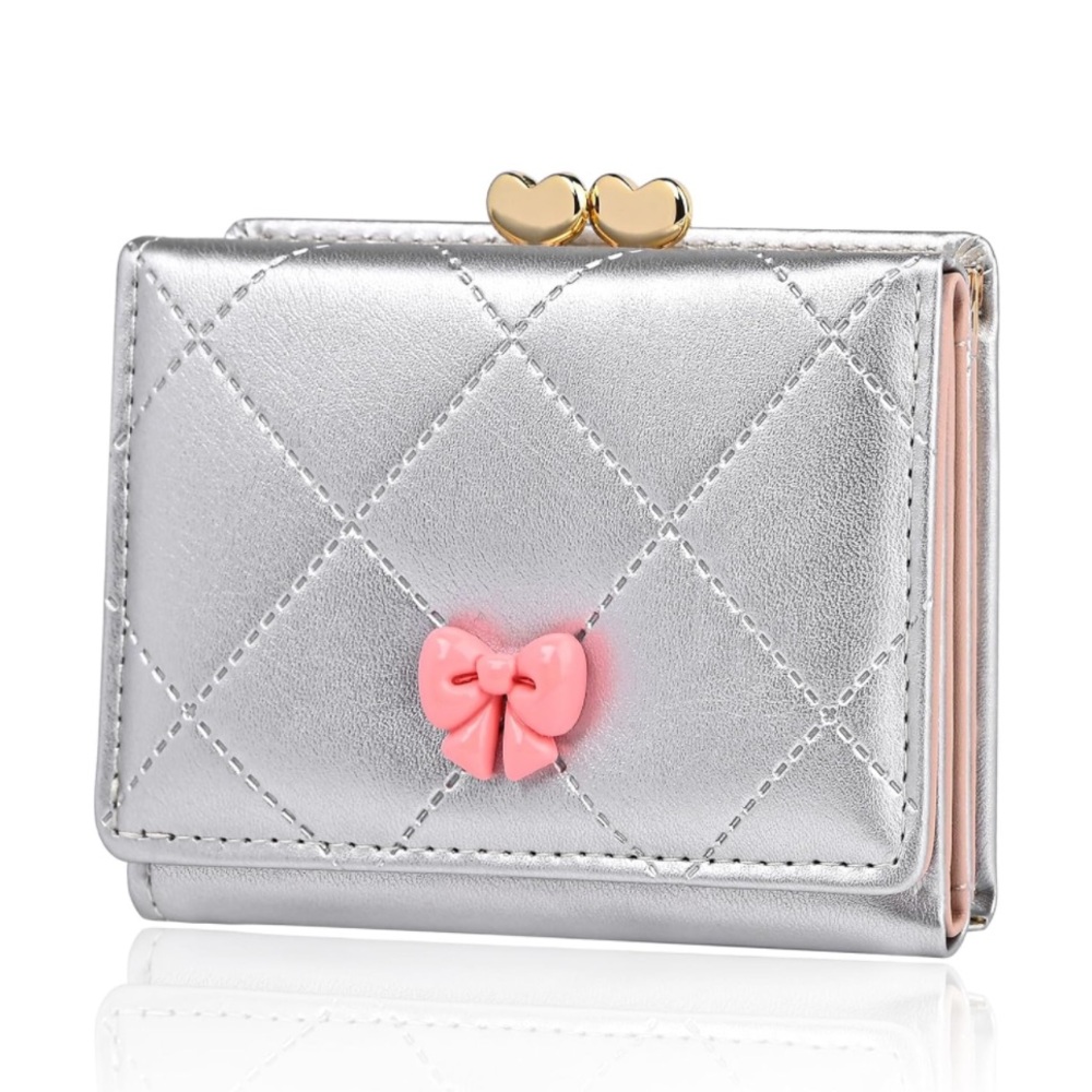 🎀NEW Quilted Silver Bow Detail Heart Kiss Lock Trifold Compact Wallet - Picture 3 of 8
